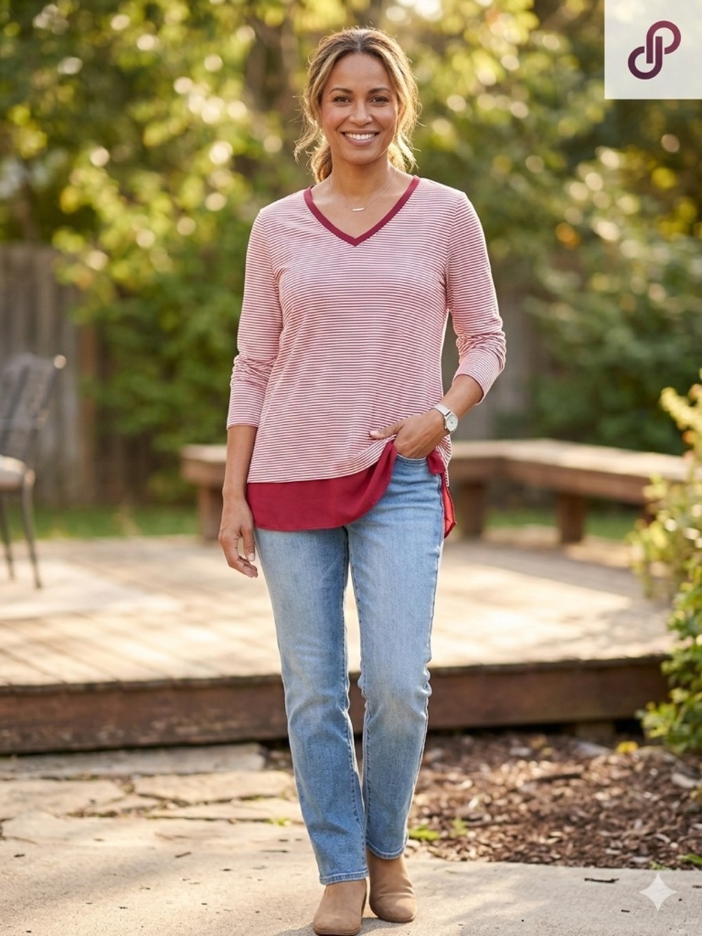 Chico's Striped Layered-Look V-Neck Tunic - Maroon & White. Size Medium